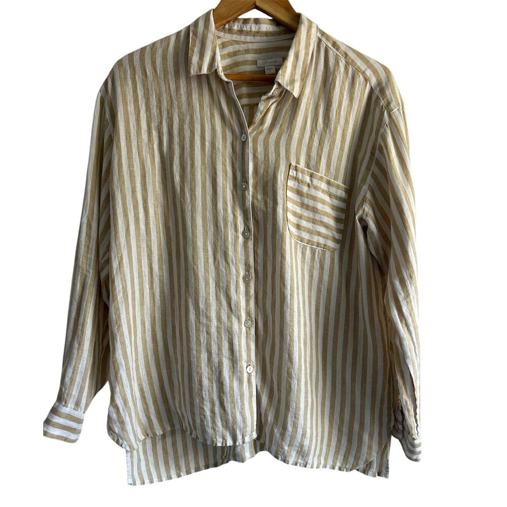 J.Jill Love Linen Medium 100% Linen Oversized Striped‎ Lagenlook Button Up Shirt